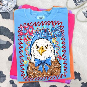 Pu&ograve; includere: Una pila di magliette piegate in blu, rosa, arancione e viola. La maglietta superiore &egrave; blu e presenta un'aquila con un papillon blu e la scritta "250 YEARS" in rosso e blu.