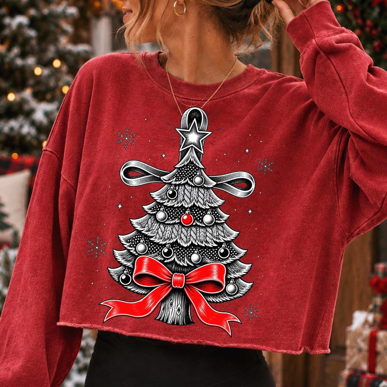 K&ouml;nnte beinhalten: Ein rotes, lang&auml;rmeliges, bauchfreies Sweatshirt mit einer grafischen Illustration eines stilisierten Weihnachtsbaums. Der Baum ist mit silbernen und roten Kugeln, einer gro&szlig;en roten Schleife an der Basis, einem silbernen Band und einem Stern verziert.