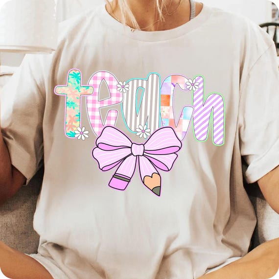 Floral Pencil Bow PNG: Preppy Teacher Checkered Design Digital Download for Sublimation
