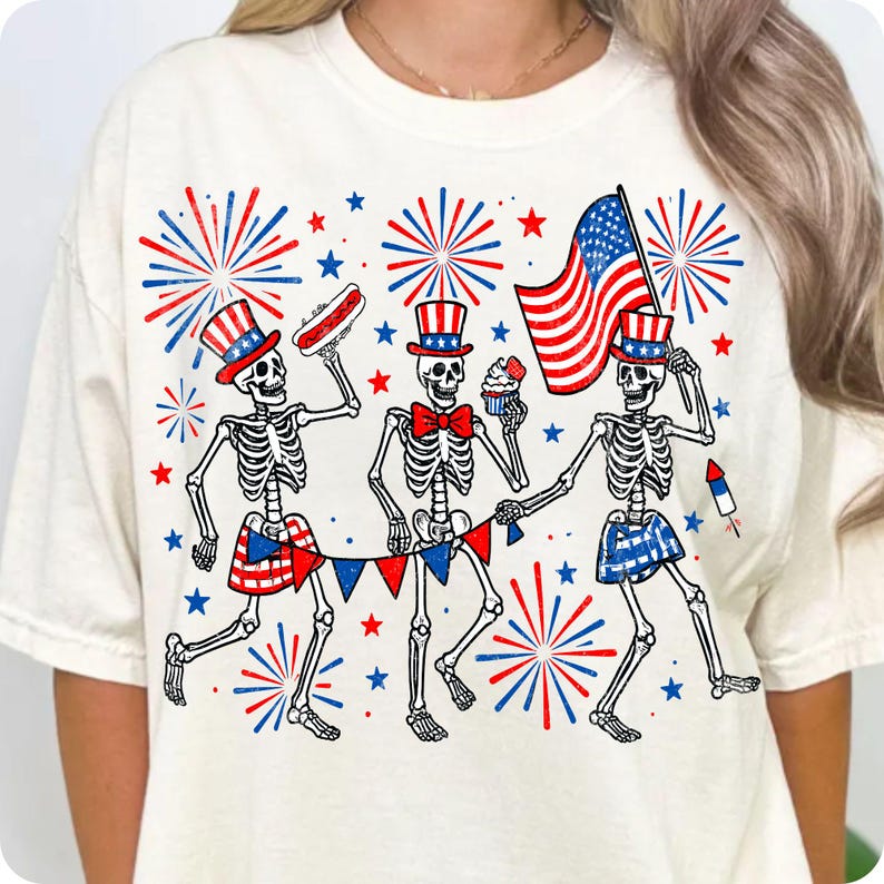 Patriotic Skeletons PNG, Funny USA 4th of July Red White Blue Sublimation Design, Independence Day America Party Shirt Graphic