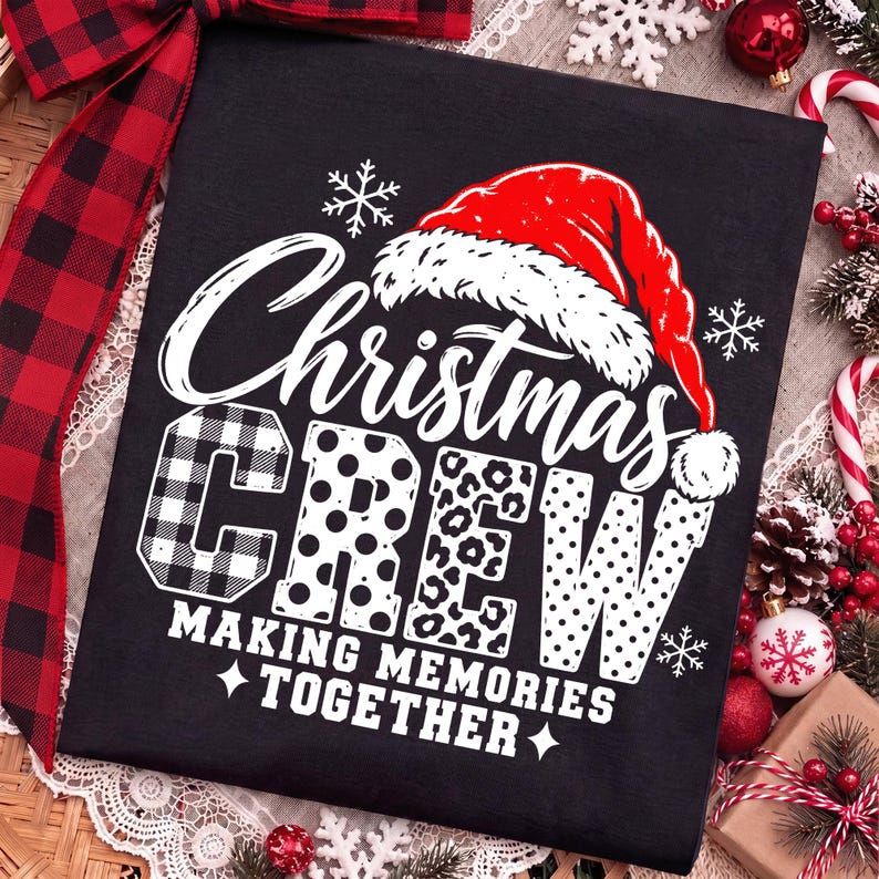 Christmas Crew PNG design with buffalo plaid, leopard print, and Santa hat on a dark background.