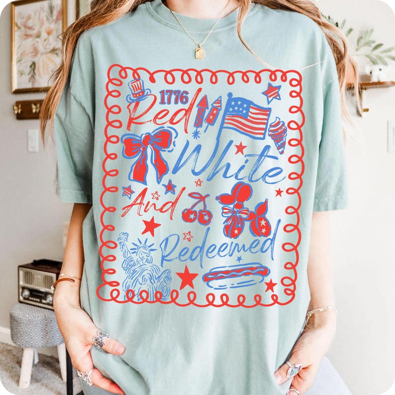 Red White & Redeemed PNG, Coquette Patriotic USA Sublimation Design, 4th of July Christian PNG, Red White Blue Faith Shirt Clipart