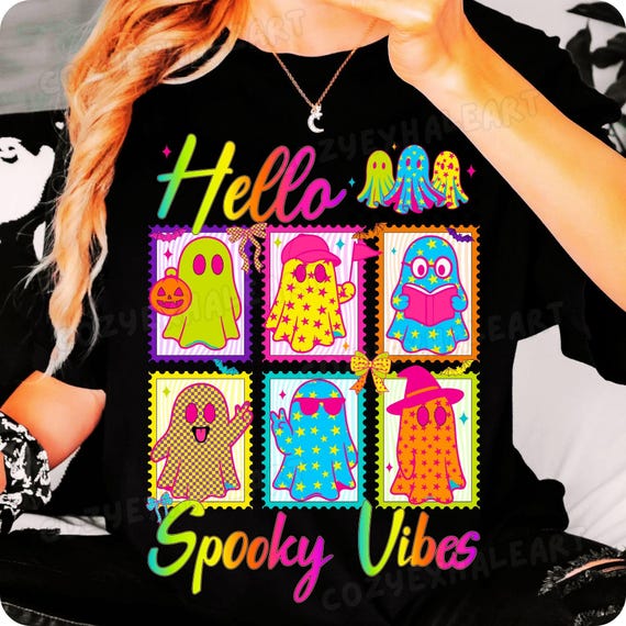 Cute Spooky Halloween Ghost PNG: Neon Retro Coquette Design for Sublimation Crafts and Kids Shirts