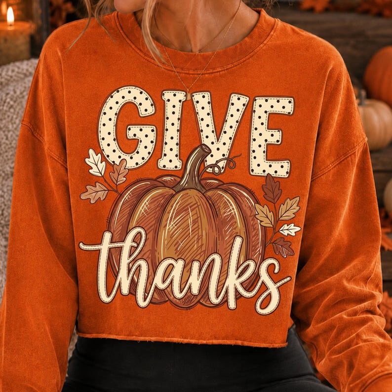 Give Thanks Pumpkin PNG design displayed on a white t-shirt mockup for autumn apparel inspiration
