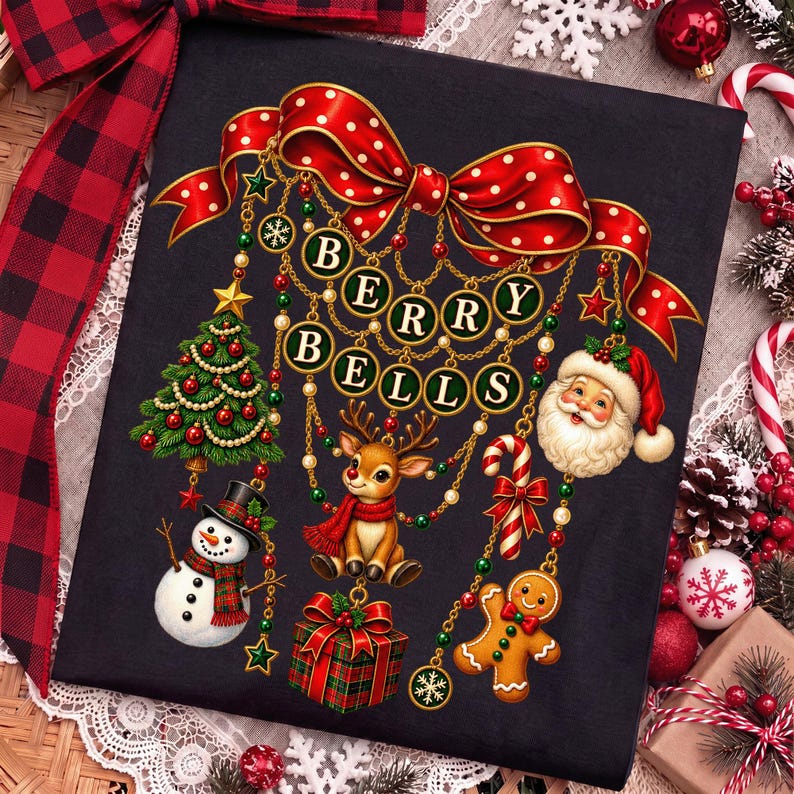 Op de afbeelding: Een zwart t-shirt met een afbeelding van een grote rode strik met stippen en hangende gouden kettingen. Aan de kettingen hangen ornamenten waaronder een kerstboom, een sneeuwpop, een rendier, een cadeau, een zuurstok, een peperkoekmannetje en de Kerstman. De tekst luidt BERRY BELLS.