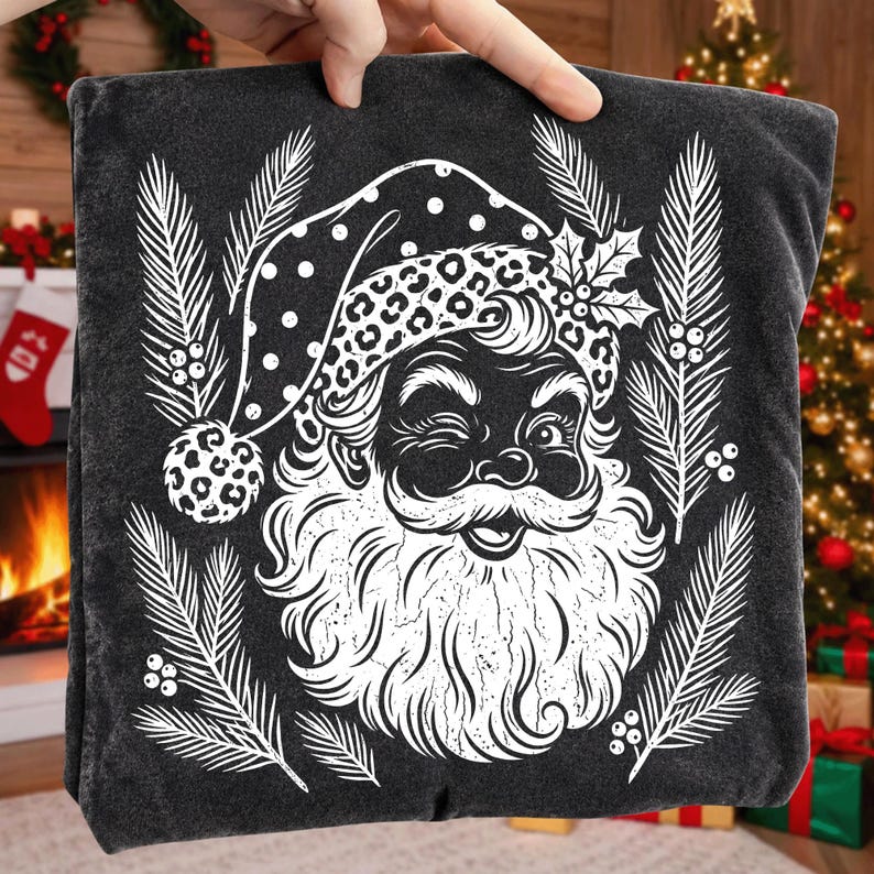 Vintage Leopard Print Santa PNG design with evergreen branches on a dark background.