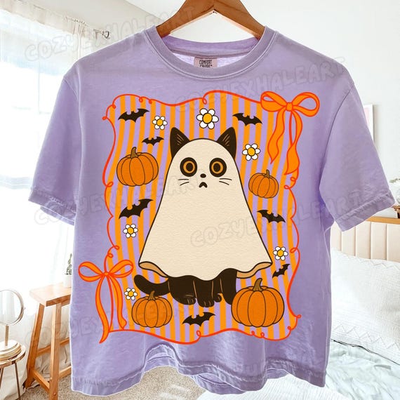 Floral Cat Ghost Halloween PNG: Coquette Sublimation Design Digital Download for Spooky Preppy Shirts