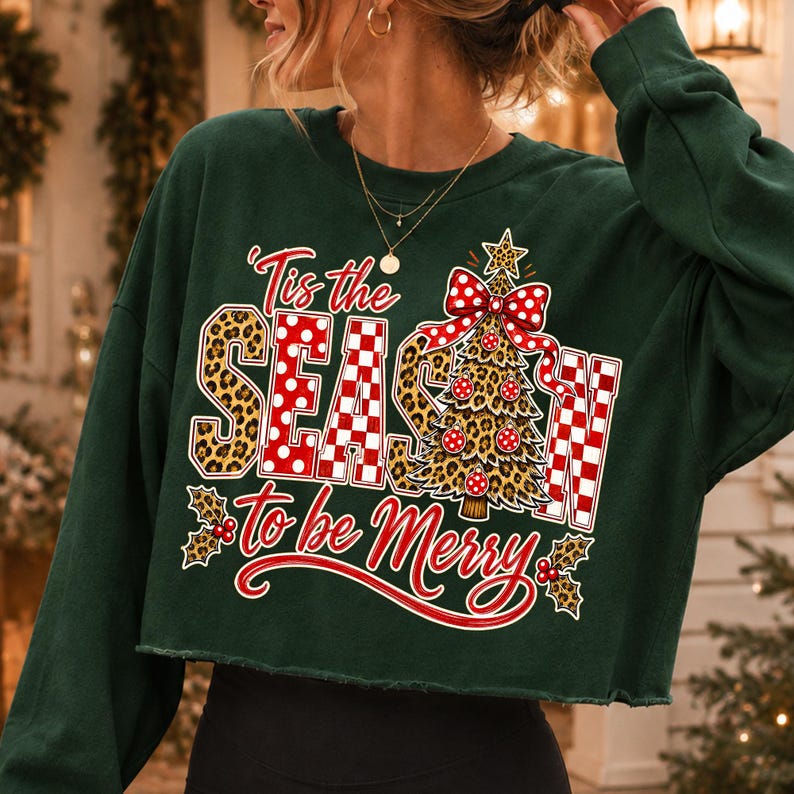 Mockup of Leopard Christmas Tree design on a cozy holiday sweatshirt