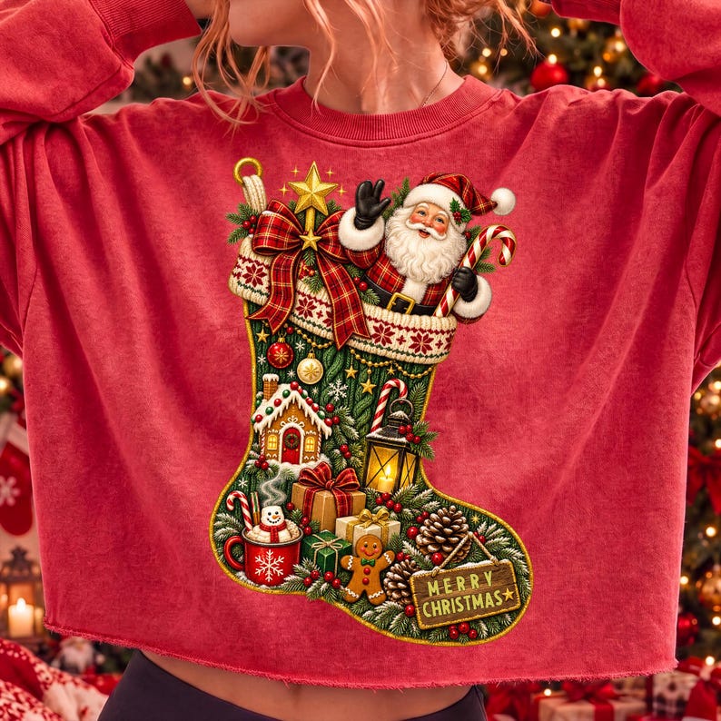 Mockup of a Christmas T-shirt featuring the Vintage Christmas Stocking PNG design.