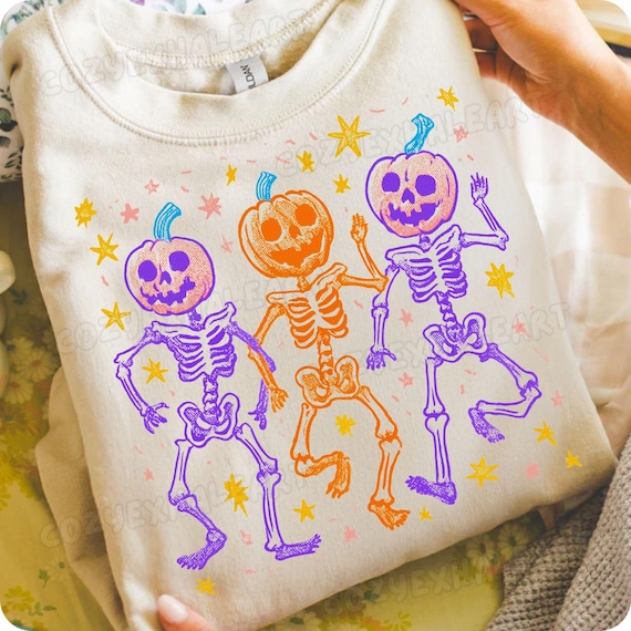 Dancing Skeleton Pumpkin PNG: Retro Halloween Sublimation Design (Digital Download