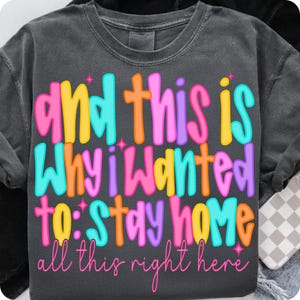 May include: A dark gray t-shirt with a colorful graphic that reads "And this is why I wanted to stay home all this right here".