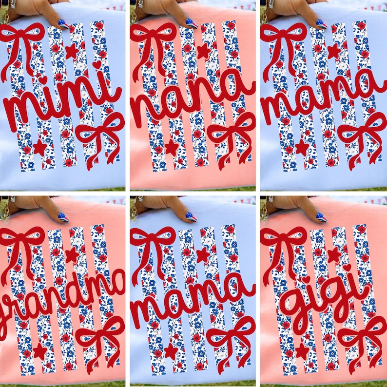 4th of July Mama and Grandma PNG Bundle with Coquette Bow and Floral Stripes