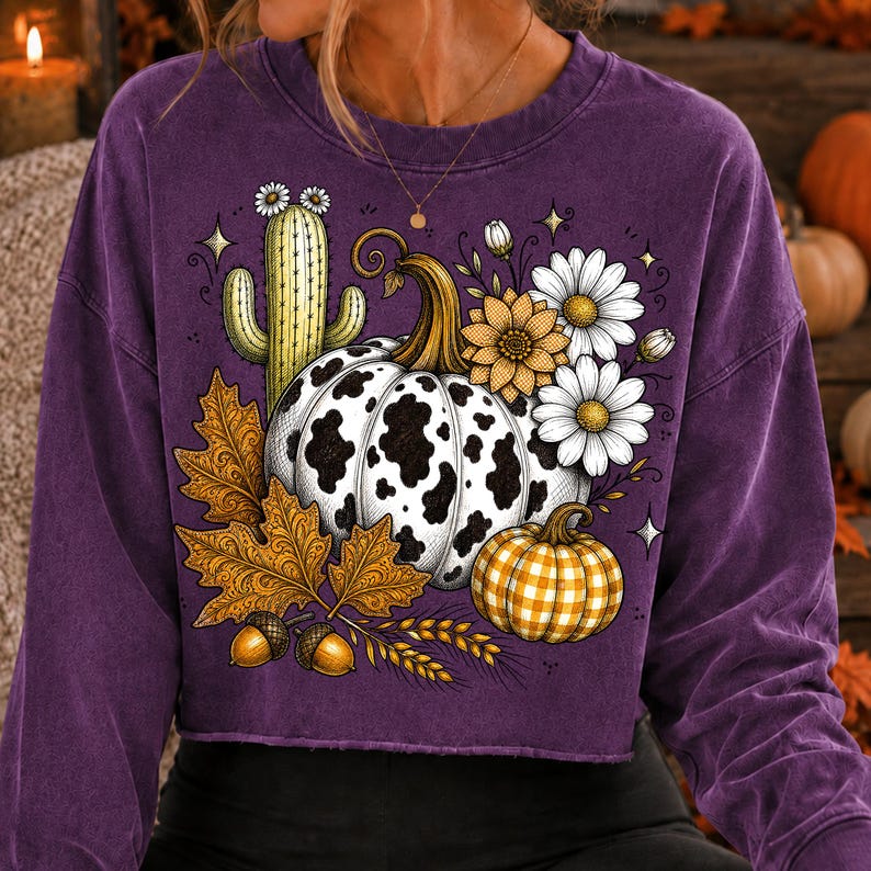 Puede incluir: Una sudadera morada de manga larga con un estampado gr&aacute;fico de una calabaza con manchas de vaca, una calabaza de cuadros amarillos, un cactus verde, margaritas blancas, un girasol amarillo, hojas de oto&ntilde;o marrones y dos bellotas decorativas.