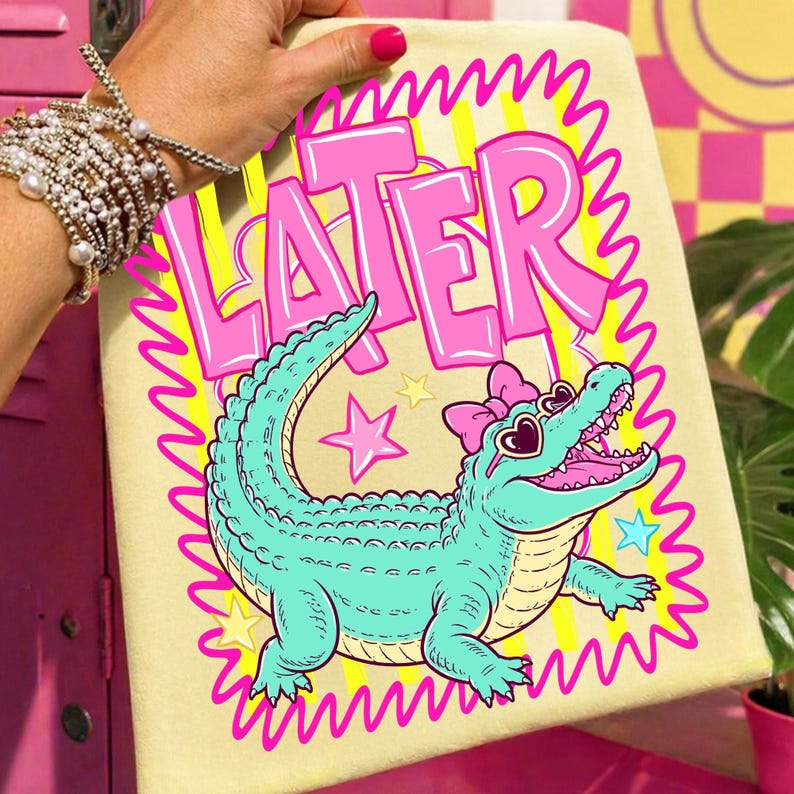 Senare Gator PNG Digital Design Rosa Alligator Preppy Sommar Sublimeringsfil Girly Randig Grafisk Barnskjorta Design DTF ClipArt bild 7