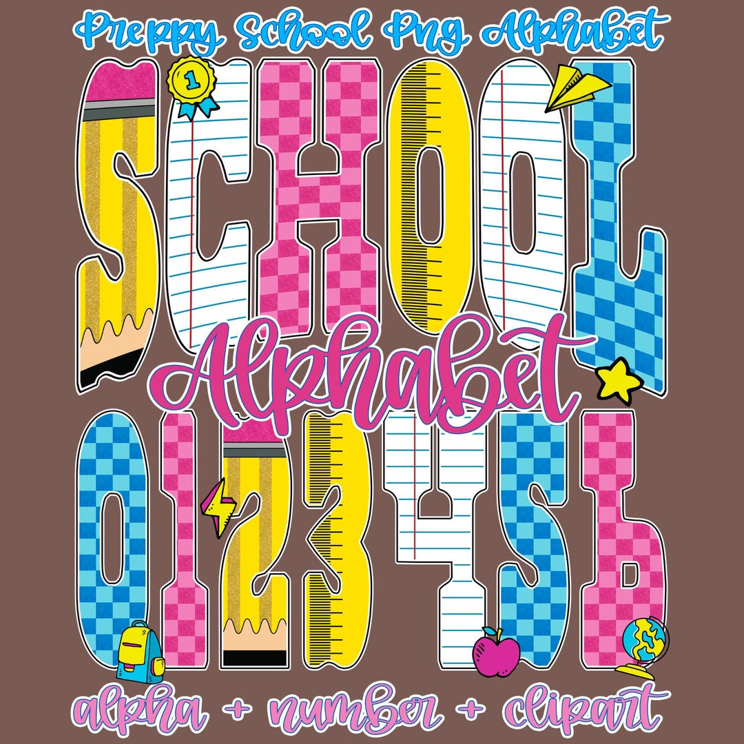 Preppy School Alphabet PNG Bundle Doodle Letters Numbers Clipart Set ...
