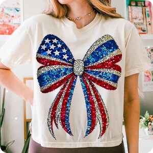 Faux Rhinestone USA Coquette Bow PNG, Girly Red White Blue 4th of July Sublimation, Patriotic American Girl Memorial Day Shirt Design