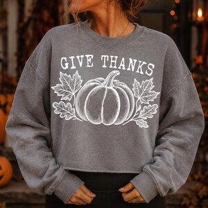 Puede incluir: Una sudadera gris carb&oacute;n de manga larga y cuello redondo con un estampado gr&aacute;fico blanco de una calabaza rodeada de hojas de oto&ntilde;o. El texto "GIVE THANKS" aparece impreso en una fuente blanca y llamativa sobre la ilustraci&oacute;n.