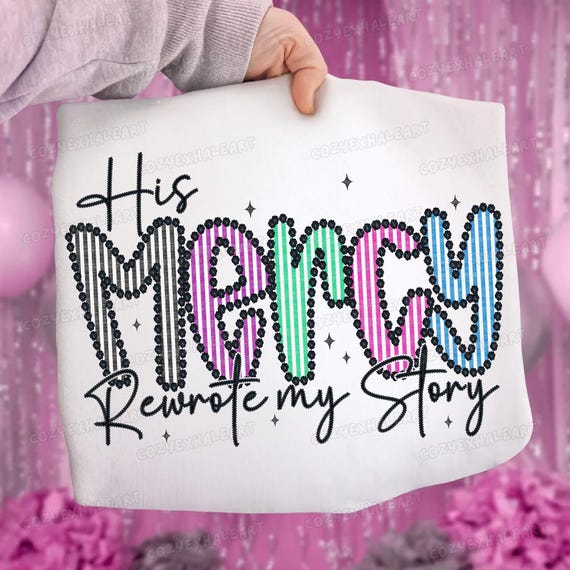 His Mercy Rewrote My Story: Seersucker Christian Sublimation PNG, Burlap Floral Faith Art, Preppy Boho Jesus Design