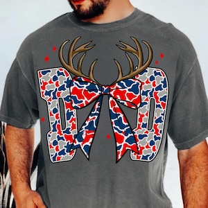Retro Camo Dad PNG 4th of July Hunting Sublimation Design American Patriotic Antler USA Red White Blue Digital Download Coquette Bow