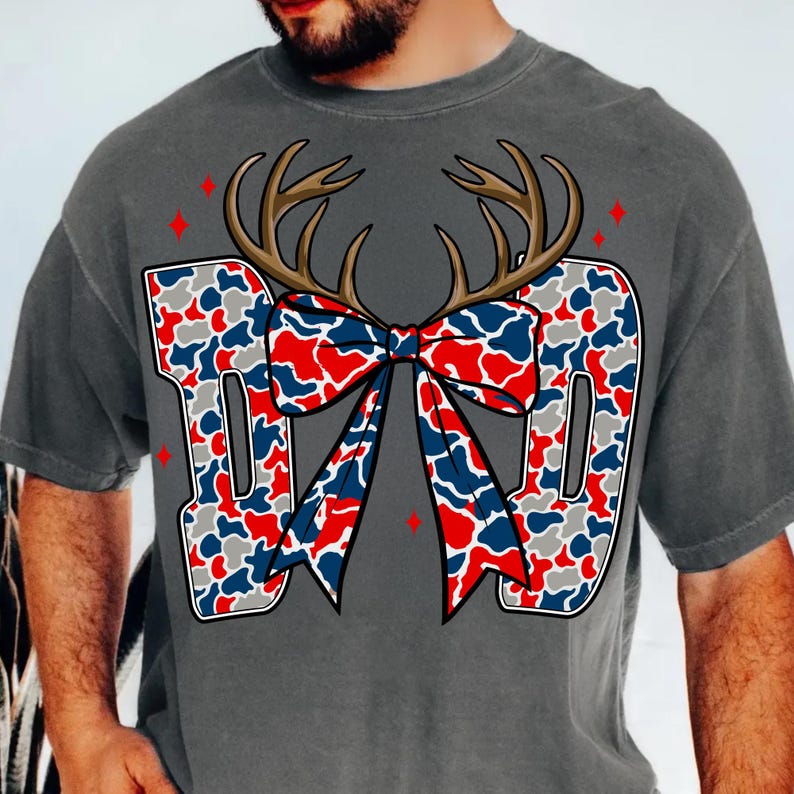 Image of Retro Camo Dad PNG 4th of July Hunting Sublimation Design American Patriotic Antler USA Red White Blue Digital Download Coquette Bow