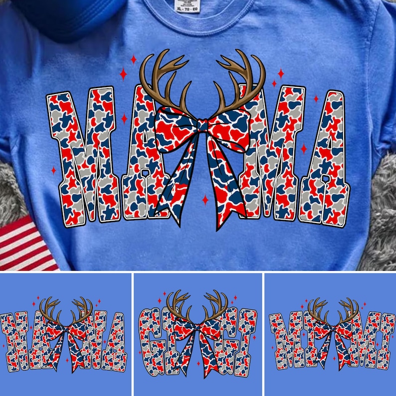 Image of USA 250 Patriotic Mama PNG Bundle, Retro Red White Blue Camo Sublimation, American Flag 4th of July Design, Deer Hunting Nana Gigi Mimi PNG