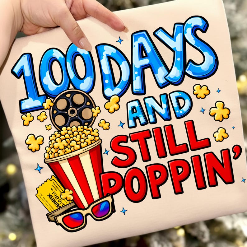 100 Days PNG, Vintage Popcorn, Education Milestone, Educator Design, Pupil Celebration, Learning Activity, Printable Image, Nostalgic Learning, Festive Decoration, Centennial Mark, Academic Visual, Elementary Fun, Academic Design