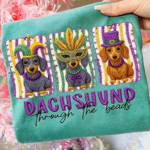 Faux Stitch Dachshund, Mardi Gras Dog File, Retro Pup Graphic, Dog Mom Apparel, Coquette Style Art, Mardi Paw Pup, Wiener Dog Graphic, Beaded Pup Party, Vintage Dachshund, Latch Hook Effect, Festive NOLA Pup, Puppy Krewe Decal, Sublimation Ready