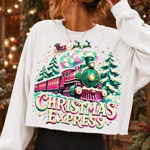 May include: A white long-sleeve sweatshirt featuring a colourful graphic of a green and pink steam train travelling through a snowy forest. Above the train, a Santa sleigh flies with reindeer. The text CHRISTMAS EXPRESS is printed in large letters.