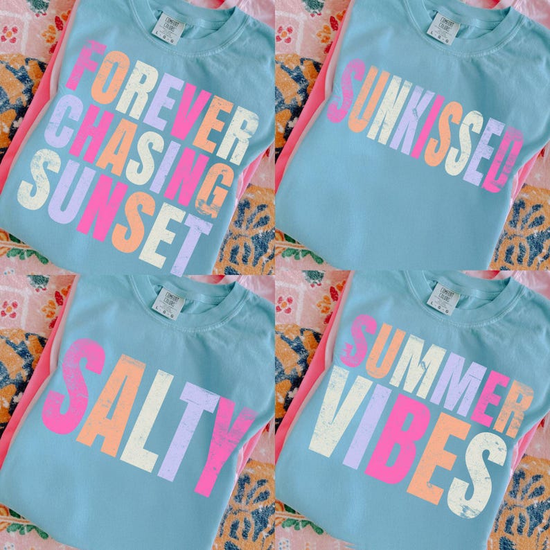 A collection of distressed retro typography summer-themed designs, showcasing phrases like