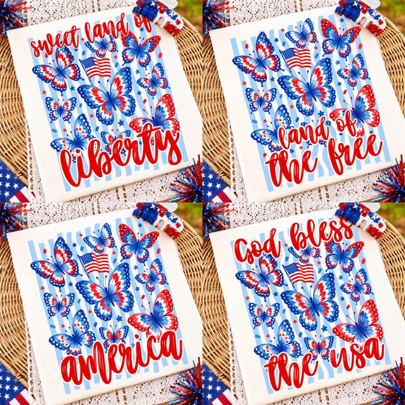 Preppy Coastal 4th of July Striped Butterfly PNG Designs