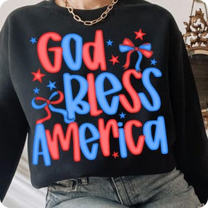 Preppy America Coquette PNG, God Bless America Bow Design, Christian 4th of July Sublimation, Patriotic Cross USA Shirt Graphic
