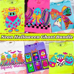 Könnte beinhalten: Eine Sammlung von neonfarbenen T-Shirts zum Thema Halloween. Designs umfassen einen Geister-Cowboy, einen Oktopus-Geist, einen Geist mit einer Schleife und eine Gruppe von Geistern mit dem Text "Squad Ghouls". Andere Shirts zeigen Eiscreme- und Eis am Stiel-Designs. Der Text "Neon Halloween Ghost Bundle" ist ebenfalls vorhanden.