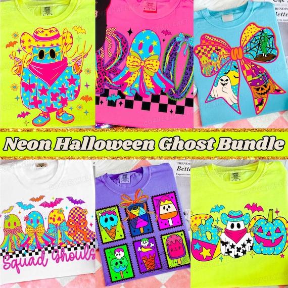 Neon Coquette Ghost PNG Bundle: 6 Cute Halloween Boos with Bows for Preppy Spooky Shirt Sublimation
