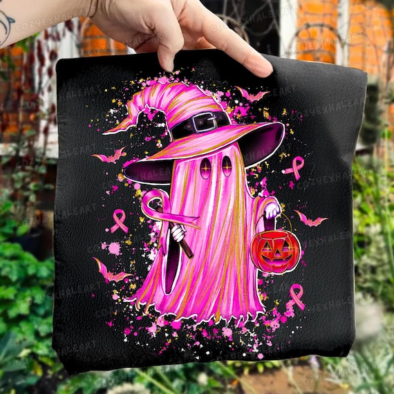 Retro Ghost Pink Ribbon Halloween Shirt Design: Breast Cancer Awareness Sublimation PNG Clipart