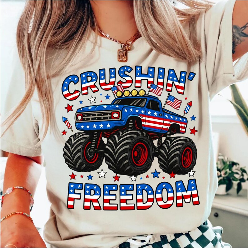 Collection of items like mugs and tote bags featuring the USA 250th Anniversary Monster Truck digital design.