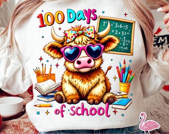 100 giorni di scuola Highland Cow PNG: design per insegnanti (download digitale)