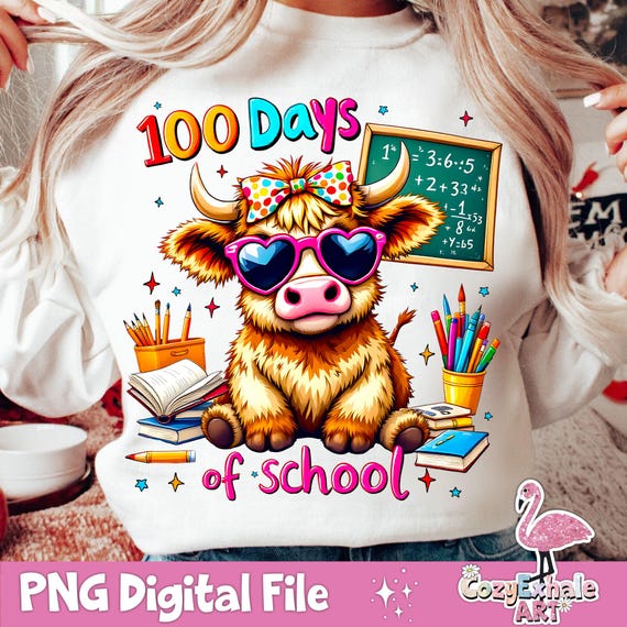 100 Days Of School Highland Cow PNG: Teacher Design (Digital Download)