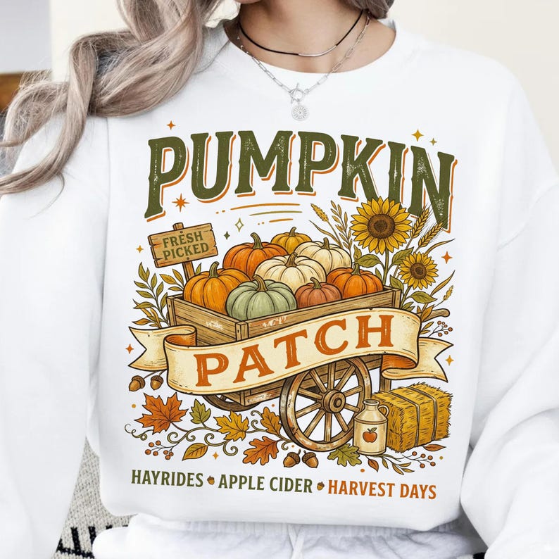 Image of Vintage Pumpkin Patch Wagon PNG, Rustic Fall Harvest Graphic (Digital Download)