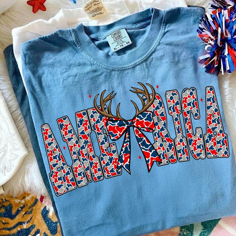 Image of Retro Camo America PNG 4th of July Sublimation Design Deer Hunting Bow Patriotic USA Independence Day Digital Download Coquette Western