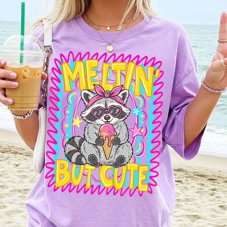 Rolig tvättbjörnsglass PNG, smältande men söt sommardesign, preppy trash panda sublimeringsgrafik, retro vilddjur DTF digital nedladdning bild 4