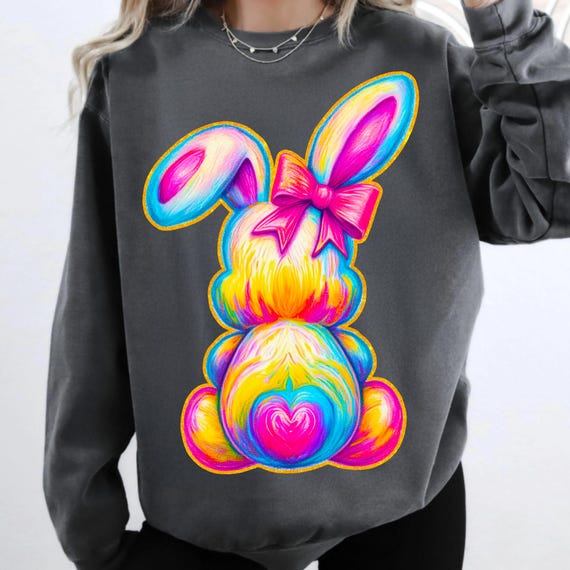 Colorful Brushstroke Easter Bunny PNG: Coquette Bow, Retro Spring Design (Digital Download)