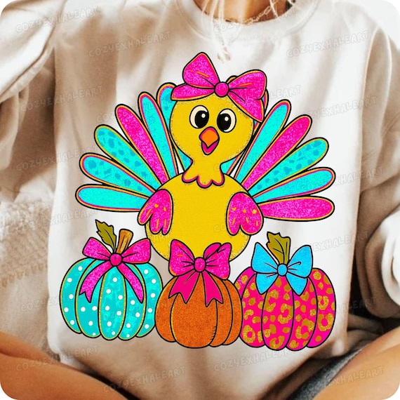 Coquette Turkey Thanksgiving PNG: Floral Pumpkin, Pink Bow (Digital Download)