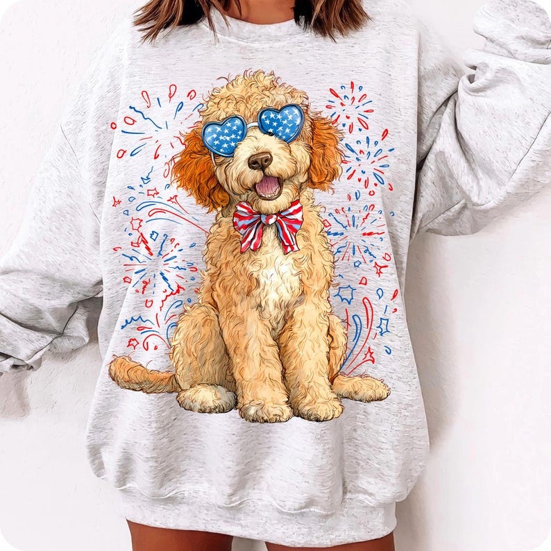 Mockup showing the Patriotic Goldendoodle PNG design applied to a t-shirt, perfect for Fourth of July celebrations.