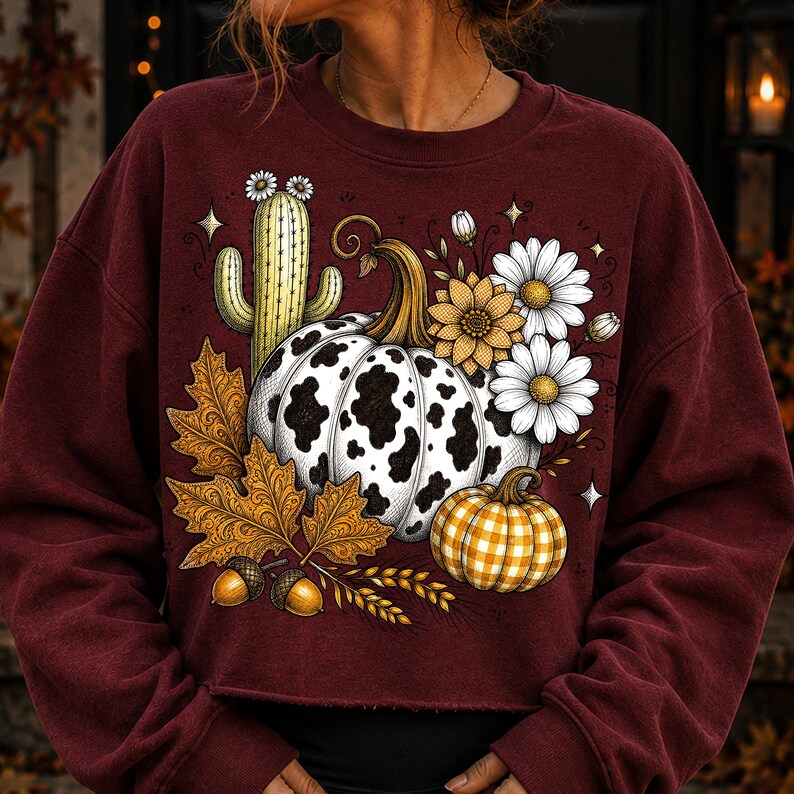 Puede incluir: Una sudadera de manga larga color granate con un estampado gr&aacute;fico de una calabaza con manchas de vaca, una calabaza de cuadros amarillos, un cactus verde, margaritas blancas, un girasol amarillo, hojas de oto&ntilde;o marrones y dos bellotas.