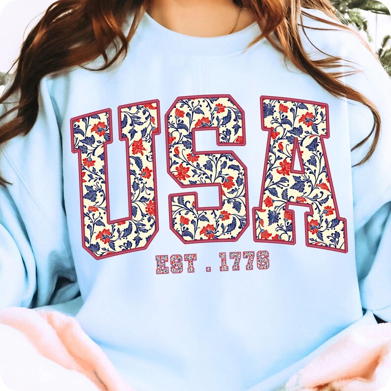 Floral USA PNG, Retro America 4th of July Sublimation, Girly Patriotic Shirt Design, America Coquette, Vintage USA Flag Digital