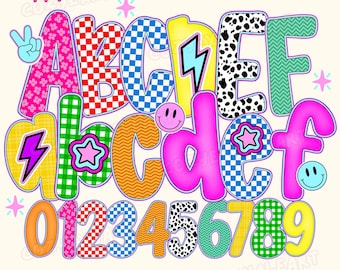 Y2K Clipart Font PNG Set: Gingham Preppy Smiley Faces, Stars (Digital Download)