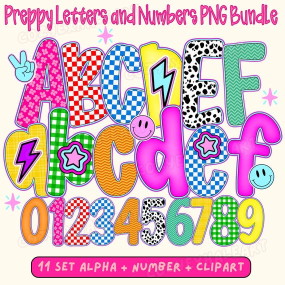 Y2K Preppy Clipart Font PNG Set: 10 Bright Styles with Smiley Faces, Stars, Hearts for Sublimation Crafts