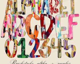 Pacote de alfabeto PNG com pinceladas: fonte colorida com guingão pintado (download digital)