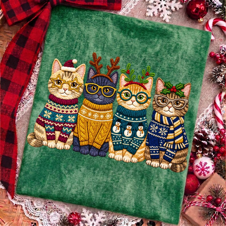 May include: A green fabric panel featuring an embroidered illustration of four cats wearing holiday sweaters and glasses. The first cat wears a Santa hat, the second has reindeer antlers, the third has holly, and the fourth has a scarf.
