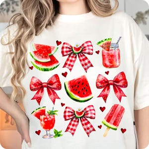 Adorable coquette-style watermelon bow PNG with glitter and floral accents. Perfect for trendy preppy summer shirts, DTF transfers, and more!